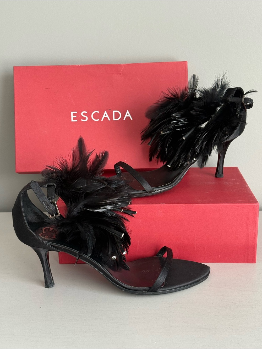 ESCADA Black Feather Strap Heels